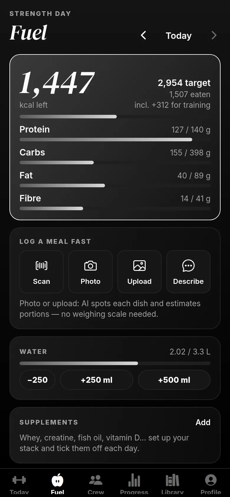 The Fuel tab: calories left, protein, carbs, fat and fibre bars, and quick ways to log a meal