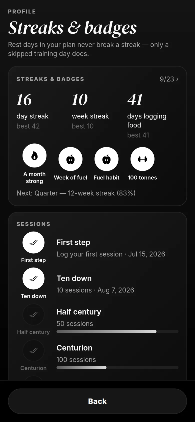 Streaks and badges: day streak, week streak and earned badges