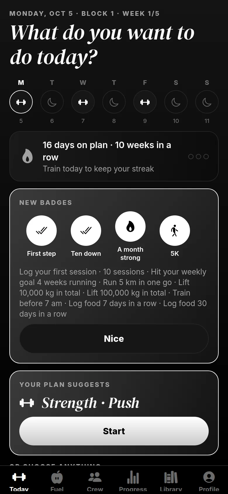 ASCENT's Today screen: this week's plan and a suggested Push session